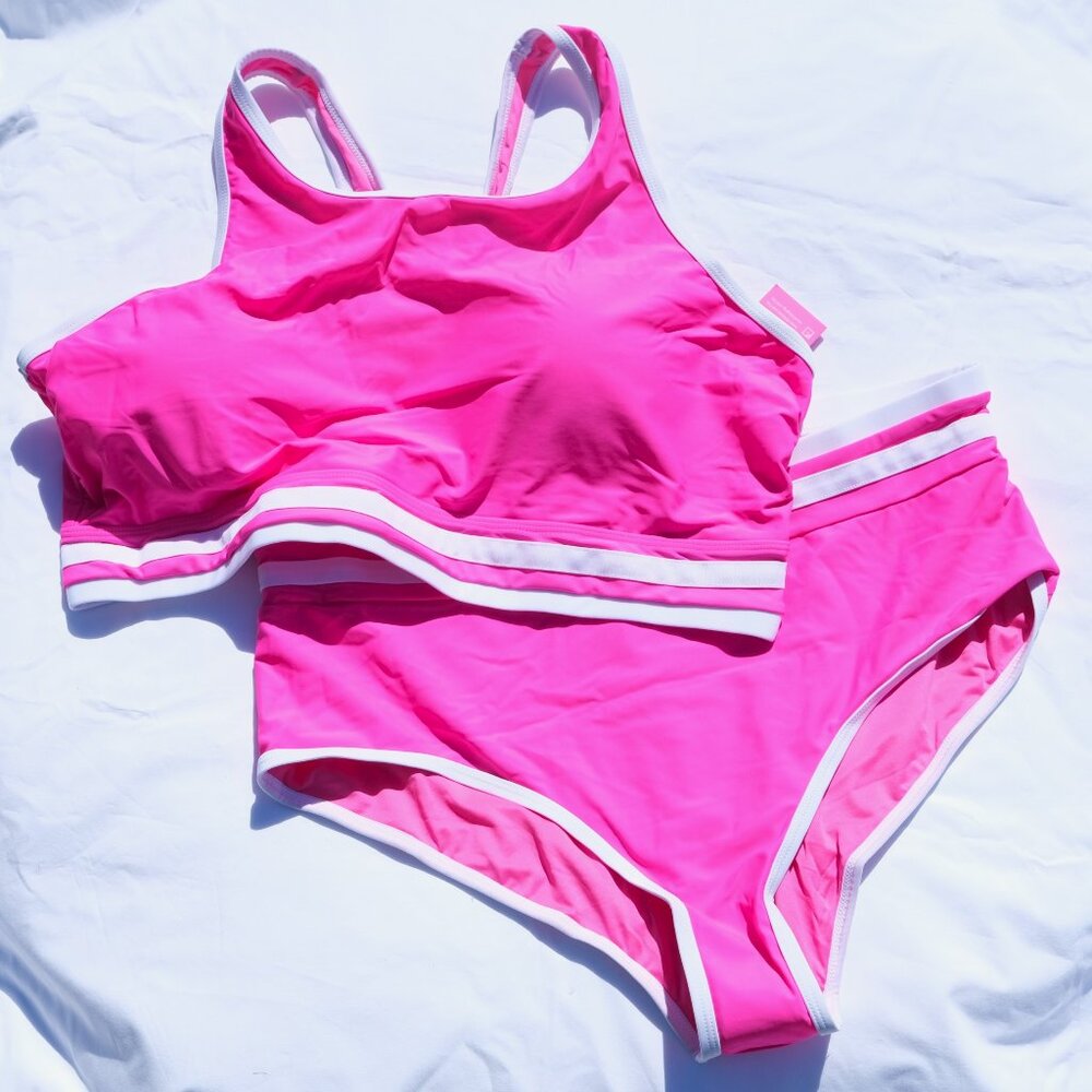BRIGHT YONIQUE HOT PINK W WHITE STRIPES BATHING SUIT (see measurements)